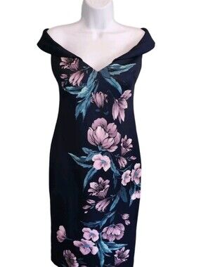 Xscape Size 6 Navy One-Shoulder Floral Sheath Dress with Pink & Blue Print